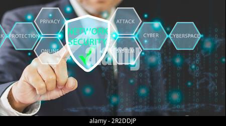 person man engineer touching icon on virtual screen to use technology security system to cyber computer network for protection virus hacker attack and Stock Photo