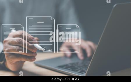 Signing business contract concept. Online business contract Electronic signature, e-signing, digital document management, paperless office. Businessma Stock Photo