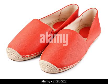 Red leather espadrilles without laces isolated on white background with clipping path. Full Depth of Field Stock Photo