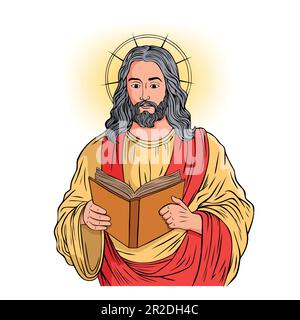 Cartoon illustration of Jesus Christ teaching and holding the bible Stock Vector