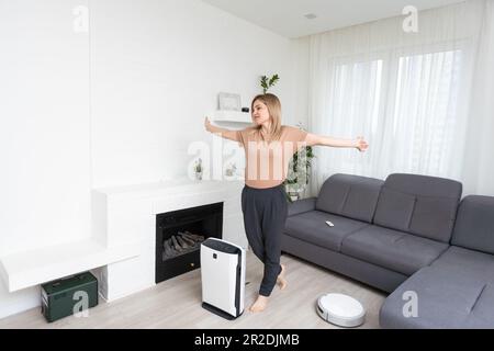 Dehumidifier with touch panel, humidity indicator, uv lamp, air ionizer. Air dryer Stock Photo