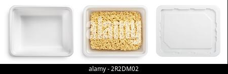 Set of empty white plastic plate or styrofoam food container and with instant noodles. Plastic tableware and lid isolated on white background with cli Stock Photo