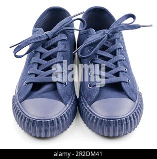 Blue casual sneakers isolated on white background. Front view. Full Depth of Field Stock Photo
