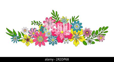 Bright retro flowers in long horizontal border Stock Vector