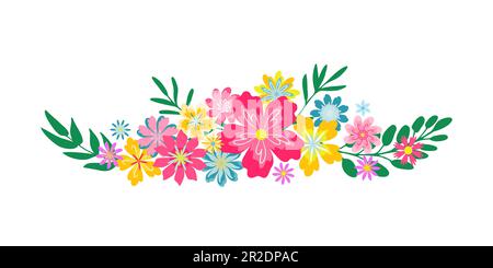 Colorful retro flowers and twigs. Hand drawn horizontal flower setup, groovy vignette, motif or divider. Stylish trendy summertime flat style illustra Stock Vector