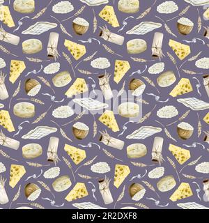 Pastel purple milk and cheese seamless pattern with dairy products, camembert, tea towel, cottage cheese and ears of wheat lilac background. Hand draw Stock Photo