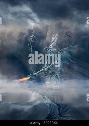 Dragon spitting fire with reflection in a lake and lightning in a stormy sky Stock Photo