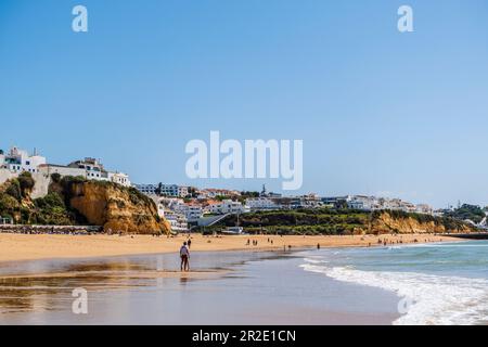 Awesome view of Albufeira Beach, panoramic view, blue sky , turistic and famous place called praia dos pescadores or fisherman beach in Albufeira, Por Stock Photo