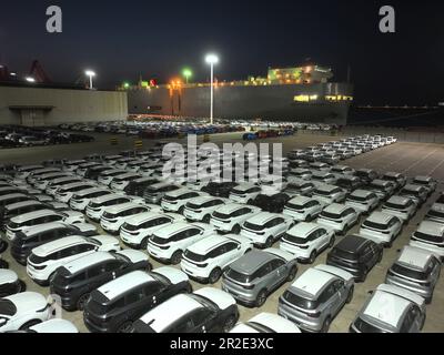 LIANYUNGANG, CHINA - MAY 19, 2023 - Ro-ro wheels load 1,700 cars for export to Mexico at Berth 58 of Lianyungang Terminal in East China's Jiangsu prov Stock Photo