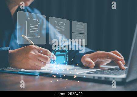 Online documentation database and process document electronic automation platform, IT staff working with Document Management System, DMS, Corporate bu Stock Photo
