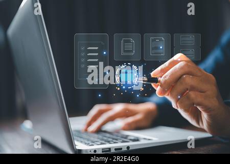 Online documentation database and process document electronic automation platform, IT staff working with Document Management System, DMS, Corporate bu Stock Photo