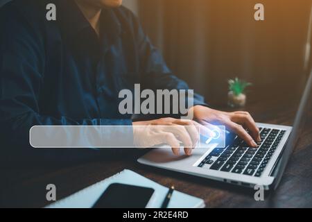 Search Engine Optimization SEO, data searching technology. business hands typing on laptop computer keyboard to search the information via internet we Stock Photo