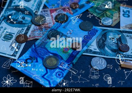 Abstract virtual chemistry illustration on money background, science and research concept. Multiexposure Stock Photo