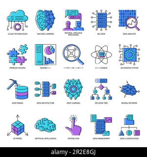 Machine learning icon set in colored line style. Artificial intelligence, computing system symbols. Vector illustration. Stock Vector