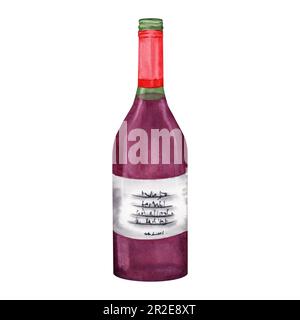 Watercolor illustration of a bottle of red wine with a label. Hand drawn element on white background. Stock Photo