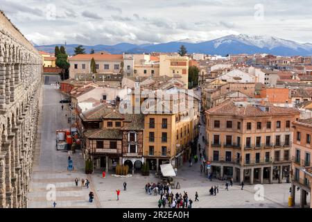 Spain, Segovia, Roman aqueducts  and building of the town. Stock Photo