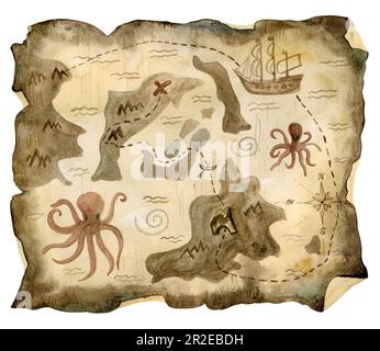 Old torn treasure map with compass and spyglass. Adventure and travel ...