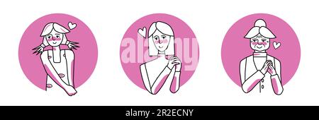 Female in love circle icons set. Collection of beloved young, adult and old women with passion, smiling. Pink and white colors, line art drawing human Stock Vector