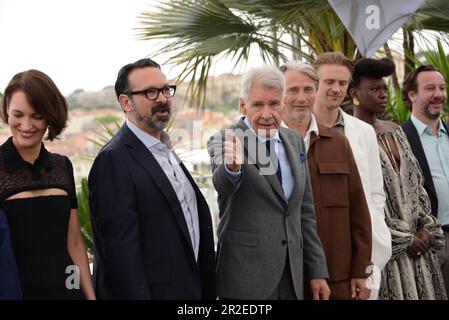 May 19, 2023, CANNES, France: CANNES, FRANCE - MAY 19: (L-R) Frank Marshall, Kathleen Kennedy, Ethann Isidore, Phoebe Waller-Bridge, Director James Mangold, Harrison Ford, Mads Mikkelsen, Boyd Holbrook, Shaunette RenÃ©e Wilson and Simon Emanuel attend the ''Indiana Jones And The Dial Of Destiny'' photocall at the 76th annual Cannes film festival at Palais des Festivals on May 19, 2023 in Cannes, France. (Credit Image: © Frederick Injimbert/ZUMA Press Wire) EDITORIAL USAGE ONLY! Not for Commercial USAGE! Stock Photo