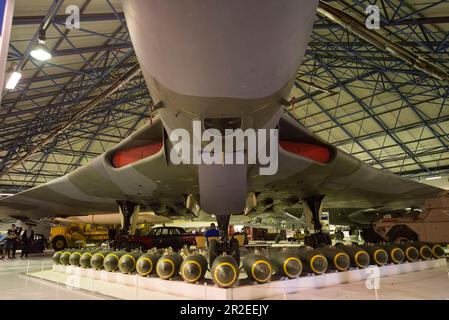 Avro Vulcan B2 bomber and payload at the RAF Museum in London Stock Photo