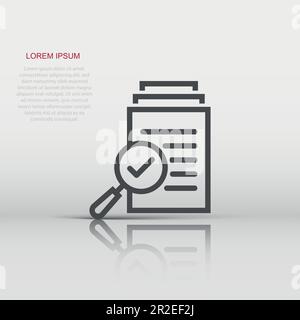 Scrutiny document plan icon in flat style. Review statement vector illustration on white isolated background. Document with magnifier loupe business c Stock Vector