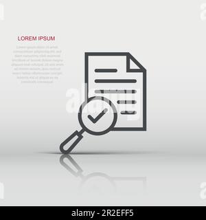 Scrutiny document plan icon in flat style. Review statement vector illustration on white isolated background. Document with magnifier loupe business c Stock Vector