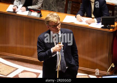 Marc Fesneau, French minister of agriculture, seen speaking during the session in the National Assembly. Debate of the National Assembly in Palais Bourbon, Paris, on the draft law aimed at strengthening the prevention and fight against the intensification and extension of fire risk. (Photo by Telmo Pinto / SOPA Images/Sipa USA) Stock Photo