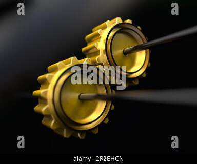 Gold metal gear mechanism for business and entrepreneurial process.Process improvement concept.3d illustration. Stock Photo