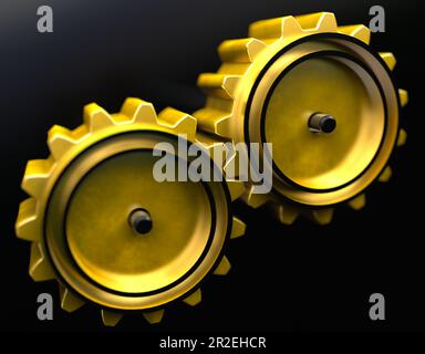 Gold metal gear mechanism for business and entrepreneurial process.Process improvement concept.3d illustration. Stock Photo