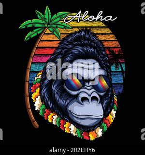 Gorilla aloha wearing flower necklace retro vector illustration for your company or brand Stock Vector