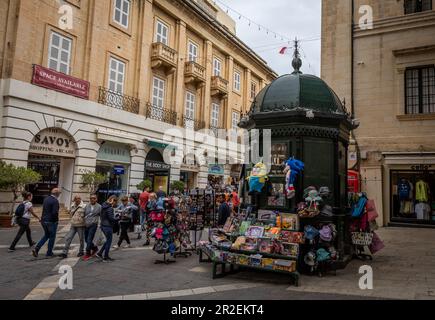 Valetta, Malta - April 19, 2023: Old fashioned round kiosk shop in historical old town. Stock Photo