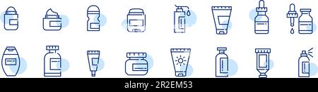 Cosmetics containers icons set. Bottles, cream tubes, spray and drops. Pixel perfect, editable stroke icons set Stock Vector