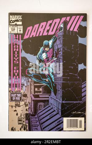 Calgary, Alberta - May 17, 2023: Covers of vintage Marvel Daredevil comics. Stock Photo