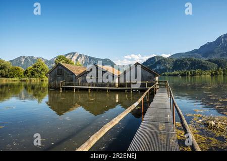 Boathouses on Kochelsee, Kochel am See, Upper Bavaria, Bavaria, Germany Stock Photo