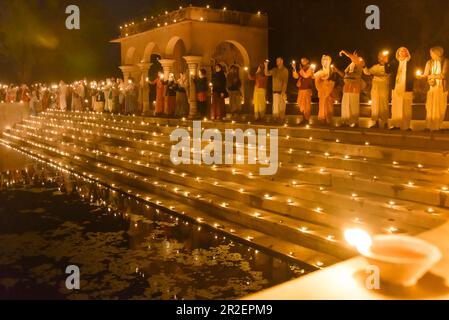 2019, Surabikund, Govardhan, Vrindavan, Uttar Pradesh, India, Surabikund explained with 8,000 ghee lamps as part of the Holy Name Retreat, devotees fr Stock Photo