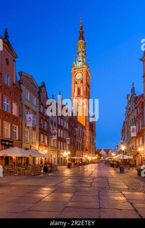 Gdansk, Main City, old town, Dluga (Long) street, tower of City Hall, view from west towards east. Gdansk, Main City, Pomorze region, Pomorskie voivod Stock Photo