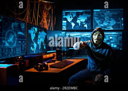 hacker with anonymous mask inside a room full of computers Stock Photo