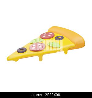 3D rendering of a slice of pizza with sausage, cheese and olives. Fast food. Bright Illustration in cartoon, plastic, clay 3D style. Isolated on a whi Stock Photo