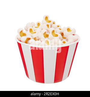 3D render of a striped bucket of popcorn. Fast food. Bright Illustration in cartoon, plastic, clay 3D style. Isolated on a white background Stock Photo