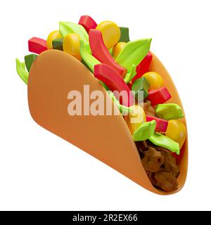 3D Render Of Tacos With Pepper And Corn. A Traditional Dish Of Mexican Cuisine. Fast Food. Bright Illustration In Cartoon, Plastic, Clay 3D Style. Iso Stock Photo