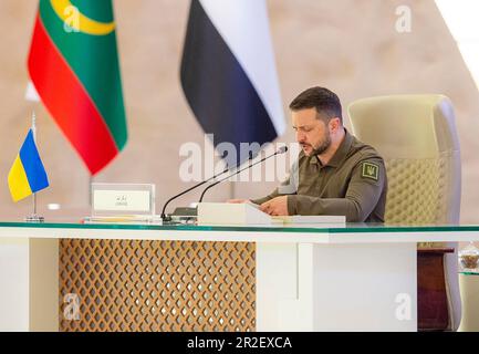 Jeddah, Saudi Arabia. 19th May, 2023. Ukraine's President Volodymyr Zelensky gives a speach during the 32nd Arab League Summit in Jeddah, Saudi Arabia on Friday, May 19, 2023. In his speech at an Arab League summit in Saudi Arabia Zelensky blamed some Arab leaders and accused them of ignoring the horrors of Russia's invasion of his country. Photo by Saudi Foreign Ministry/UPI Credit: UPI/Alamy Live News Stock Photo