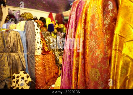 Fabrics for sale in the Grand Bazaar, Capali Carsi, in Istanbul, Turkey Stock Photo