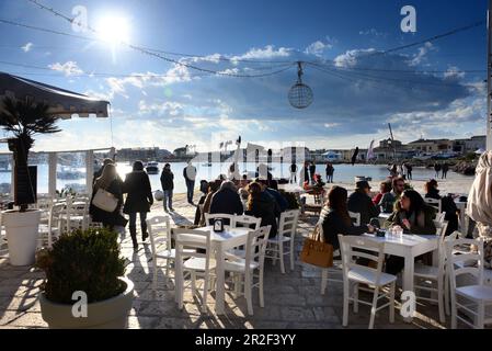 Terrace, restaurant, cafe, harbor in Marzamemi on the Gulf of Noto, southern Sicily, Italy Stock Photo