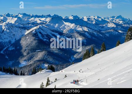 Many people climb on road through winter landscape to the Rotwand, Karwendel and Zugspitze in the background, Rotwand, Bavarian Alps, Upper Bavaria, B Stock Photo