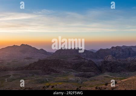 Sunset over the Ma'an hills, very close to the ancient Nabataean city of Petra, Jordan Stock Photo
