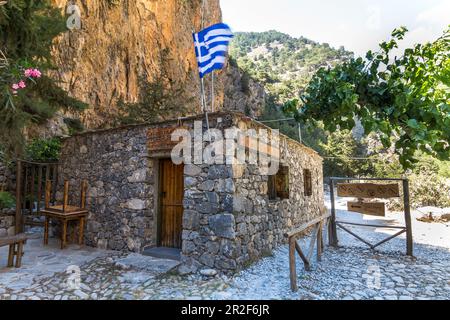 Ticket house at the bottom of the Samaria Gorge in Agia Roumeli, West Crete, Greece Stock Photo