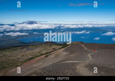 Visitors follow the path through barren lava fields on the slopes of the majestic volcano Osorno on Lake Llanquihue, near Puerto Montt, Los Lagos, Pat Stock Photo