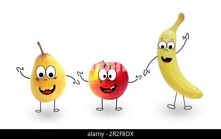 Funny cartoon fruits with a cheerful face close up isolated on a white background.  Stock Photo