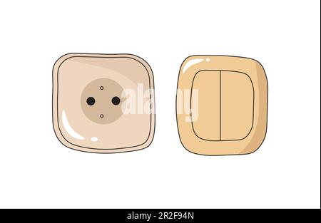 Socket and light switch on wall flat cartoon style illustration. Stickers with y2k electric concept. Stock Vector