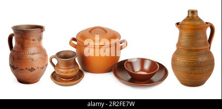 Set of old ceramic kitchen tools - retro equipment of cooking isolated on white background. Panoramic collage. Wide photo . Stock Photo